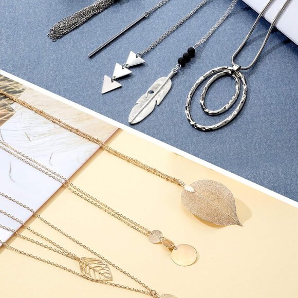 Necklace Set Y Tassel Leaf Circle Bar Necklace for Women - Picture 6 of 7